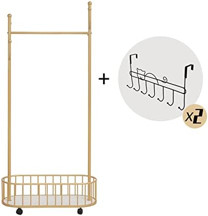 Gold Clothing Rack with Wheels Rolling Clothes Rack with Storage Basket Metal...
