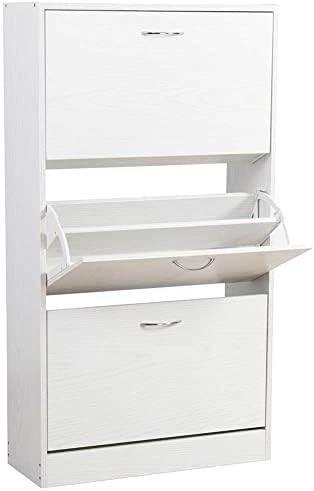 BAKAJI Shoe Rack in MDF Wood with 3 Doors Flip Shoe Holder Metal Handles Double Depth Compact Dimensions Slim 63 x 24 x 115 cm Entrance House (Ash White)