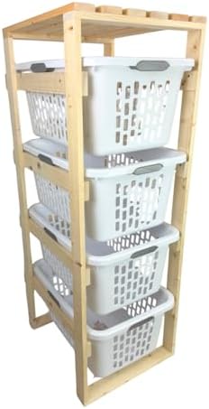 4 Tier Narrow Solid Wood Laundry Basket Storage Organizer