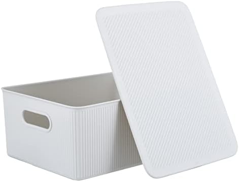 Superio Ribbed Collection - Decorative Plastic Basket Lidded Home Storage Bin...