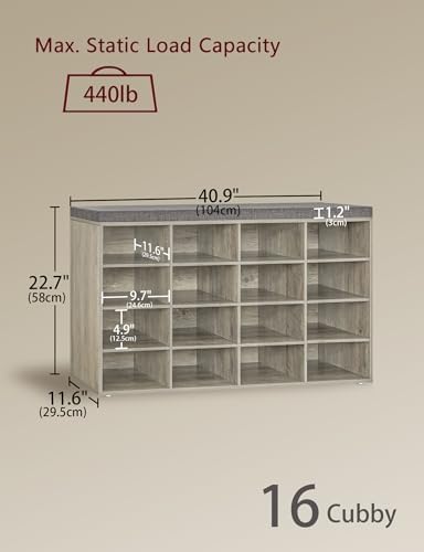 DINZI LVJ Shoe Storage Bench with Cushion, 16-Cubby Shoe Rack with Seat