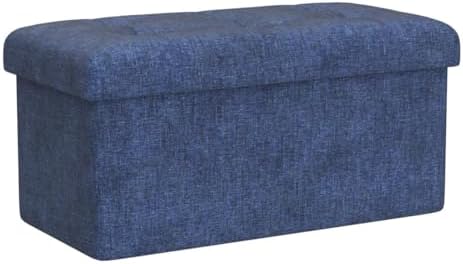 Ornavo Home 30 Inch Folding Storage Ottoman Bench, Tufted Linen, Navy Blue