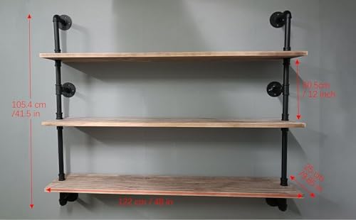 HDDFER Industrial Pipe Floating Shelves, 48 Inch Rustic Wood Wall Shelf
