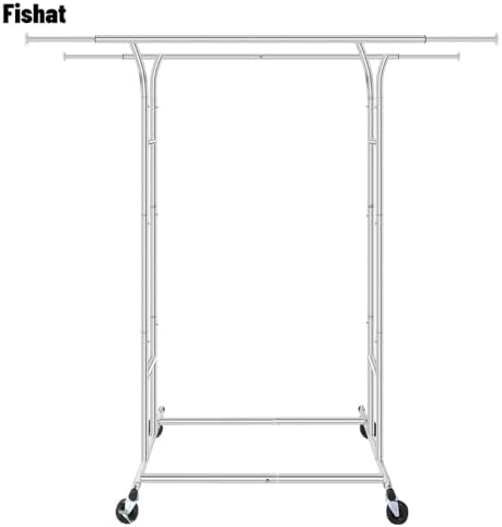 Fishat Silver 60" H Heavy Duty Double Rod Rolling Garment Clothes Rack