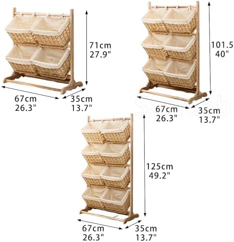 3-Tier Wicker Basket Stand with Wood Frame, Floor Standing Storage Rack with ...
