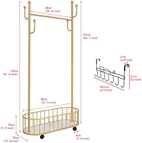 Gold Clothing Rack with Wheels Rolling Clothes Rack with Storage Basket Metal...