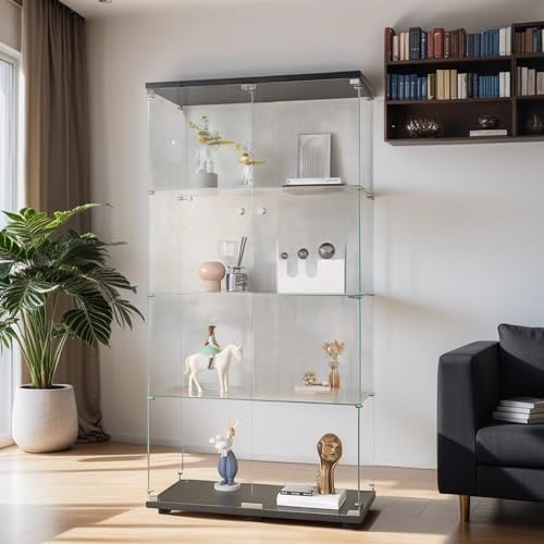 Modern 4-Tier Shelf Glass Curio Collection Display Case Cabinet with 2 Door i...