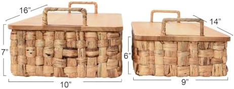 Household Essentials Stackable Hyacinth Baskets with Oak Lids, Natural, Set of 2