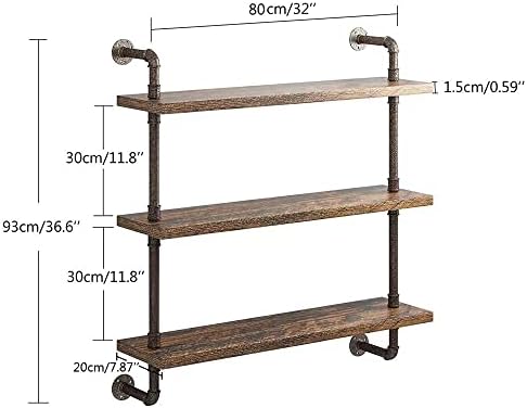 Helsin 3 Tier Industrial Pipe Shelf Rustic Wood Floating Wall Display Bookshe...