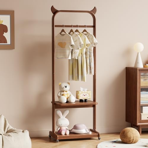 Solid Wood Clothing Racks with Shelves, Rolling Clothes Rack for Hanging Clot...