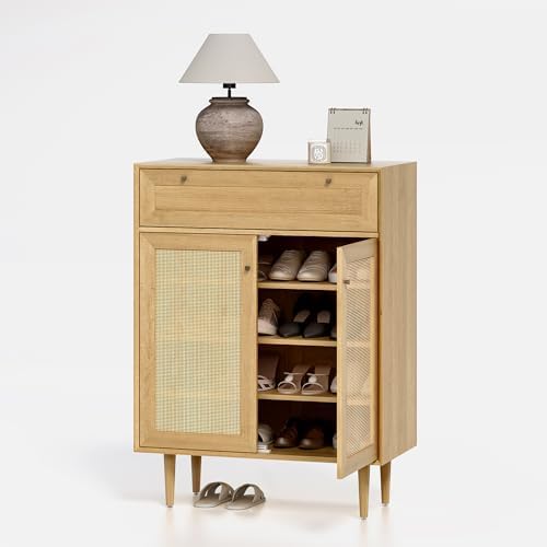 Farmhouse Rattan Shoe Cabinet Boho Shoe Storage Cabinet with 2 Doors Large Wo...