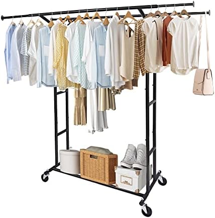 Fishat Black 60" H Heavy Duty Double Rod Rolling Clothes Garment Rack