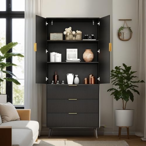 Fluted Tall Cabinet Kitchen Pantry with Adjustable Shelves, Black