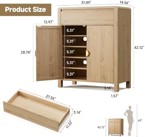 Natural Oak Shoe Storage Cabinet with Drawer, 2 Doors, Adjustable Shelves