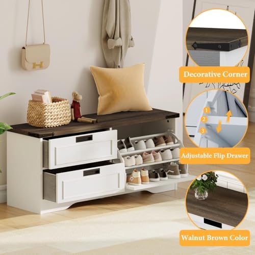 FATORRI Shoe Storage Bench with Flip Drawer, Wooden Entryway Bench, Modern Sh...