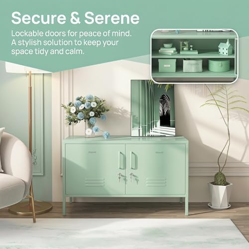 Green 2-Door Wide Lockable Metal Storage Cabinet, TV Stand & Media Consol...
