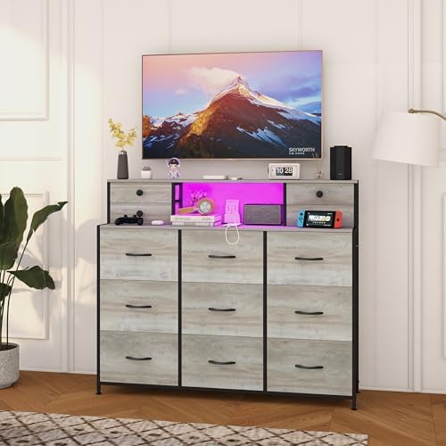 Grey Dresser with Power Outlets and LED Lights 13 Drawers Long Dresser for Be...