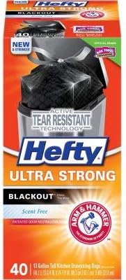 Hefty Ultra Strong 13 Gallon Trash Bags, Black Tall Kitchen Trash-Bags 13 Gallon Size, Break Resistant Drawstring Enclosure, Continuous Odor Control, Blackout, Unscented, 40-Bags (Pack of 6)