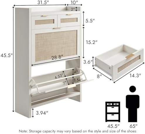 HOKYHOKY Rattan Shoe Storage Cabinet with 2 Drawers & 2 Flip Drawers