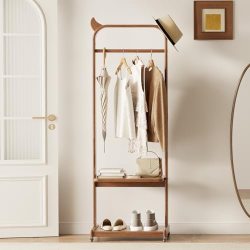 Solid Wood Clothing Racks with Shelves, Rolling Clothes Rack for Hanging Clot...