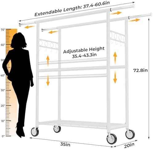 Heavy Duty Clothes Rack Load 1060LBS, Four Rods Rolling Clothing Racks for Ha...