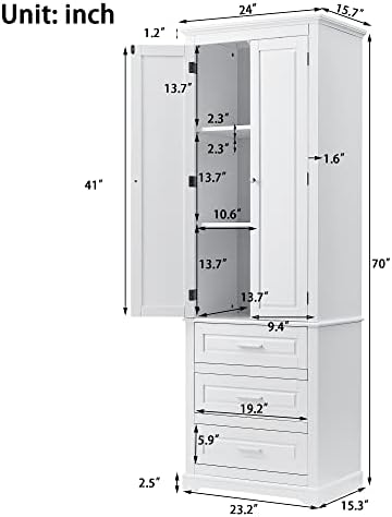 Polibi Tall Storage Cabinet with 3 Drawers, 3-Tier Adjustable Shelves & 2...
