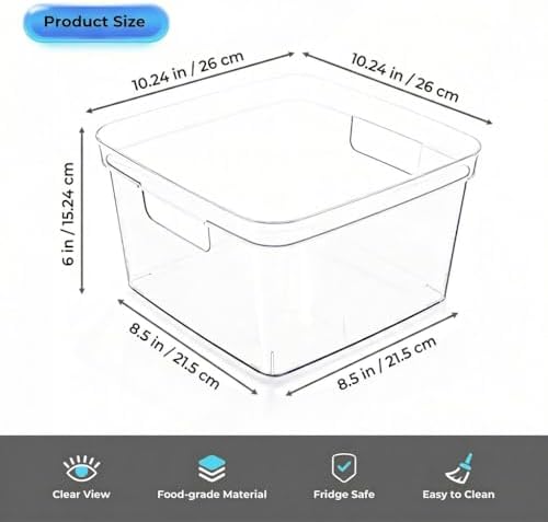 MOONEDGE 6-Pack 10x10x6 Clear Plastic Cube Storage Bins with Handles