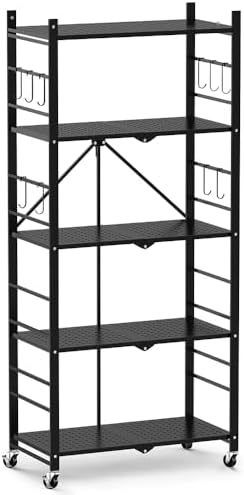 Himix 5-Tier Foldable Storage Shelves with 20 Hooks Wheels Kitchen Black