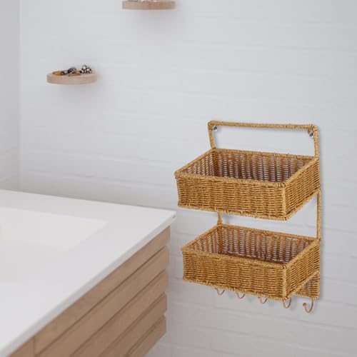 Angoily Woven Wall Mount 2-Tier Storage Sorter Basket with 5 Hooks Rattan Han...