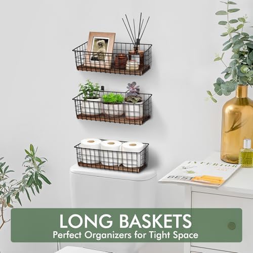 Wall Hanging Baskets, 3 Wooden Wire Bins with Hooks & Adhesive Mount(Extra)