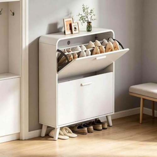 2 Tier Slim Shoe Cabinet with Flip Drawers, Entryway Shoe Storage
