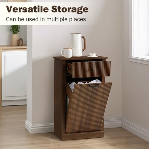 Wood Laundry Basket Cabinet, Hidden Trash Can Cabinet with Drawer, Versatile ...