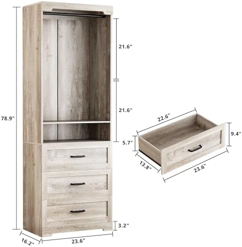 IRONCK Freestanding Closet System with Adjustable Shelves & 3 Drawers
