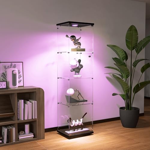 Glass Display Cabinet with Lights and Lock, 4-Tier Display Case Curio Cabinet...