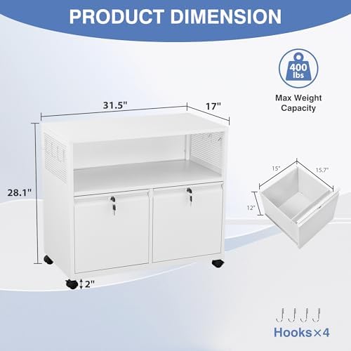 Metal File Cabinet,2 Drawer Lateral Filing Cabinet with Lock,Rolling Printer ...
