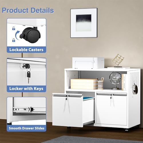 Metal File Cabinet,2 Drawer Lateral Filing Cabinet with Lock,Rolling Printer ...