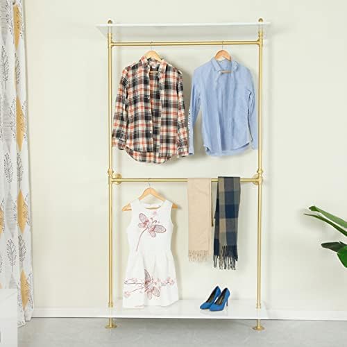 Industrial Clothing Store 2-Tier Pipe and Wood Garment Rack,Wall Mounted Stor...