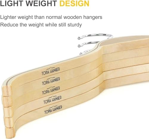 TOPIA HANGER Slim Natural Wood Hangers with Extra Soft Non-Slip Rubber Grips,...