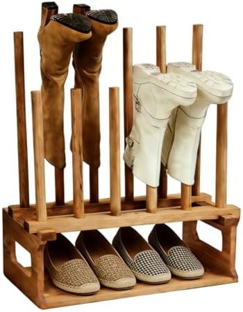 Wooden Boot Rack, 9 Pair Boot Organizer with Lower Shoe Shelf, Vertical Boot ...