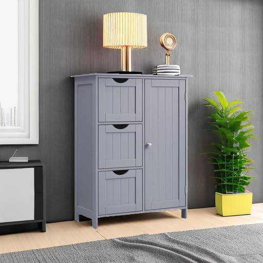 VASAGLE Bathroom Floor Storage Cabinet, 3 Drawers, Dove Gray