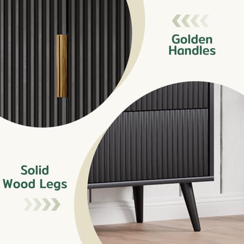 Fluted Tall Cabinet Kitchen Pantry with Adjustable Shelves, Black