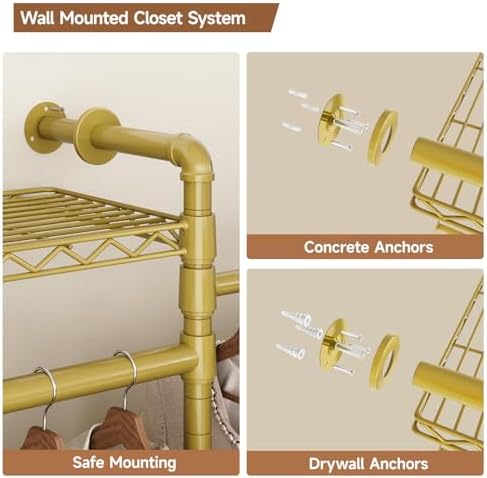 3-Bay Industrial Pipe Closet System, Wall Mounted Garment Racks, Gold