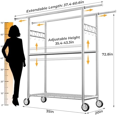 Heavy Duty Clothes Rack Load 1060LBS, Four Rods Rolling Clothing Racks for Ha...