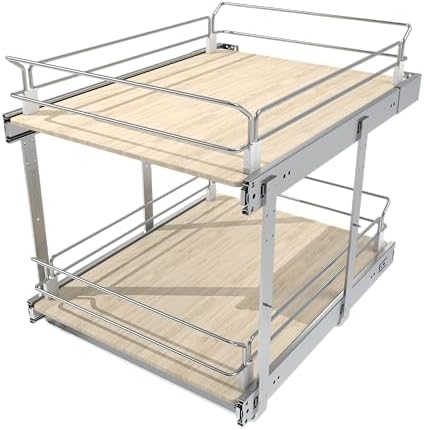 2 Tier Pull Out Cabinet Organizer 14.45" W X 22" D, Wood & Chromed