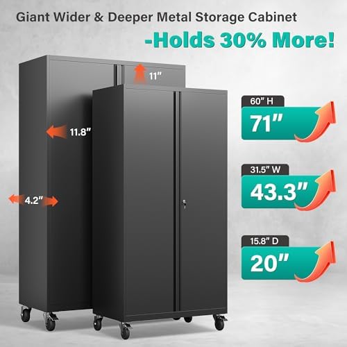 SISESOL Wide & Deep Metal Storage Cabinet with Wheels,Tall Rolling Garage...