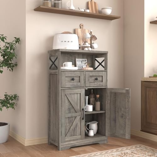 Grey Farmhouse Storage Cabinet with Doors and Drawers, Small Pantry Cabinet