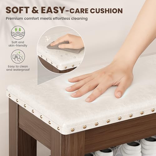 Shoe Bench for Entryway, Solid Rubberwood Shoe Bench with Hidden Storage, Adj...