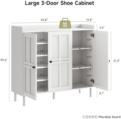 ONBRILL Shoe Cabinet with 3 Doors & Adjustable Shelves for Entryway(White)