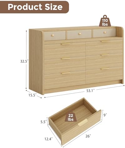MapleGrace 53'' Wide 9 Drawer Dresser for Bedroom, Wood TV Stand Dres...
