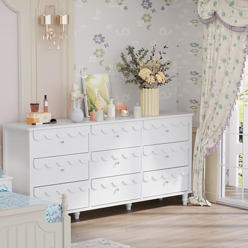 Anbuy Scalloped Dresser for Bedroom White 9 Drawer Dresser, Long Scalloped Ch...